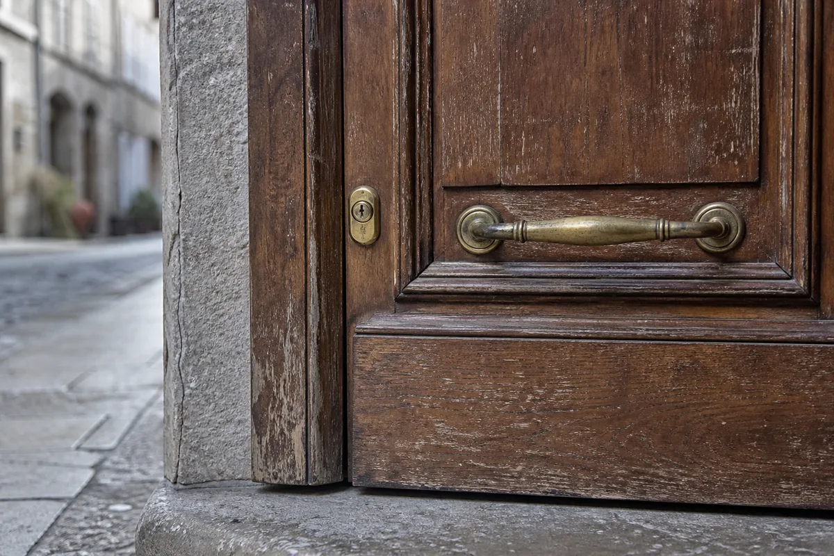Porte d&rsquo;entrée en chêne d&rsquo;un centre ancien, cylindre européen visible, lumière naturelle de fin de journée