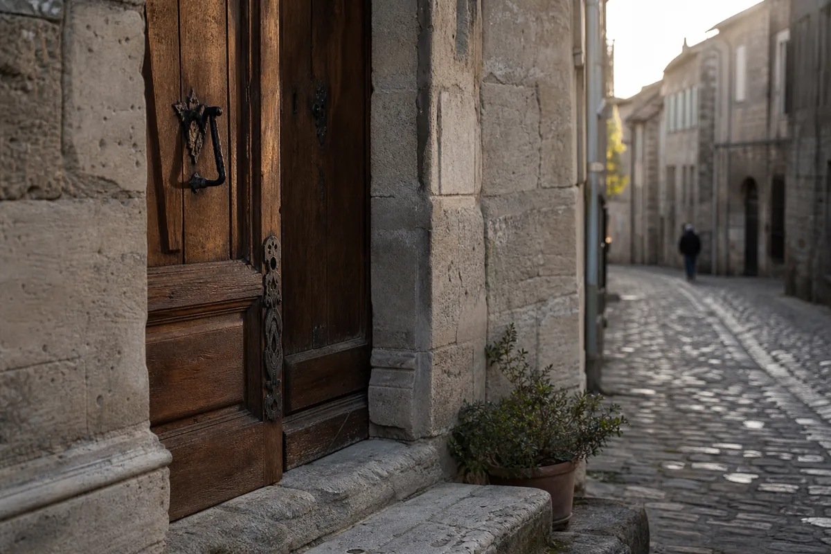 Façade en pierre d&rsquo;un centre ancien en fin de journée avec porte en chêne à ferrures anciennes