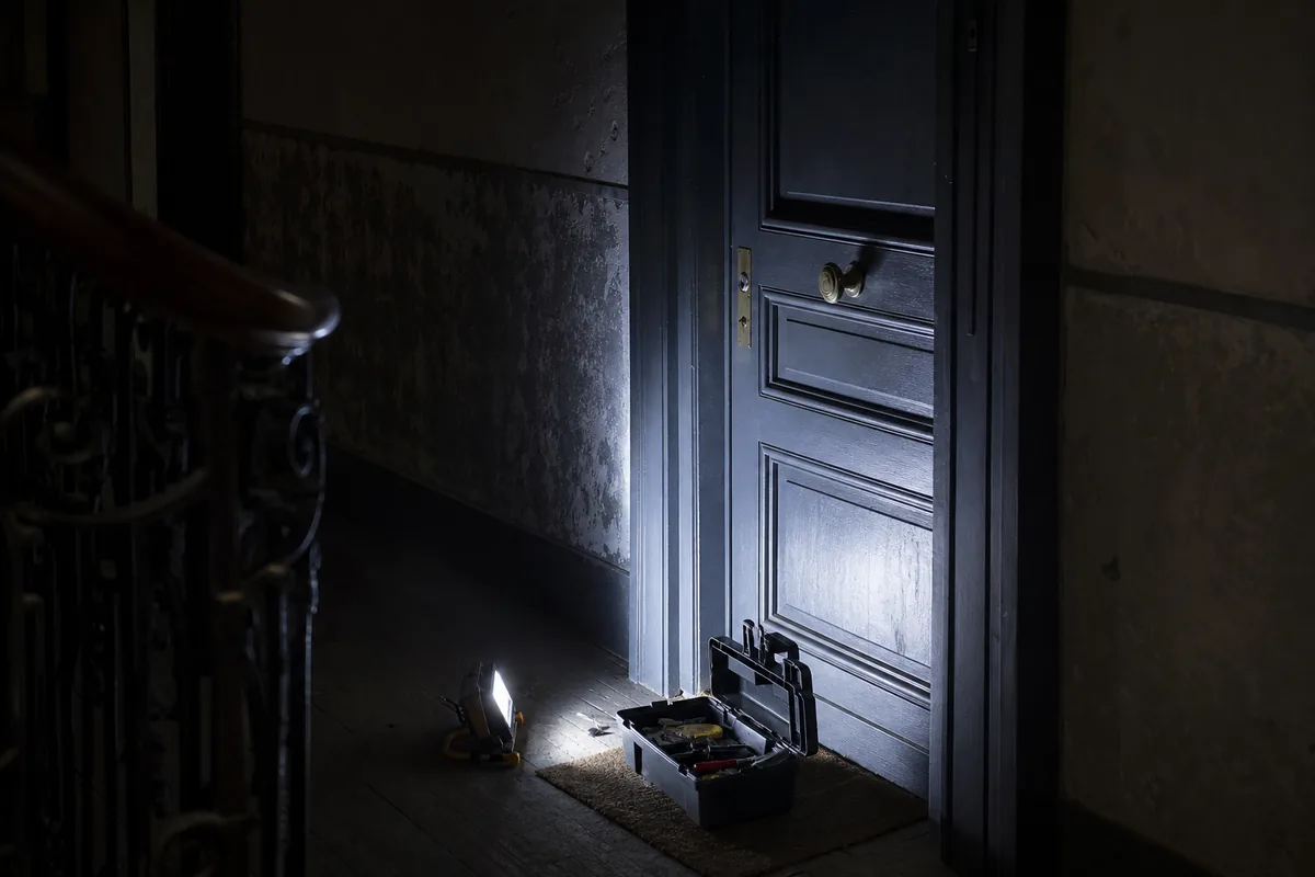 Porte palière d’un immeuble manceau éclairée par une lampe de chantier au milieu de la nuit