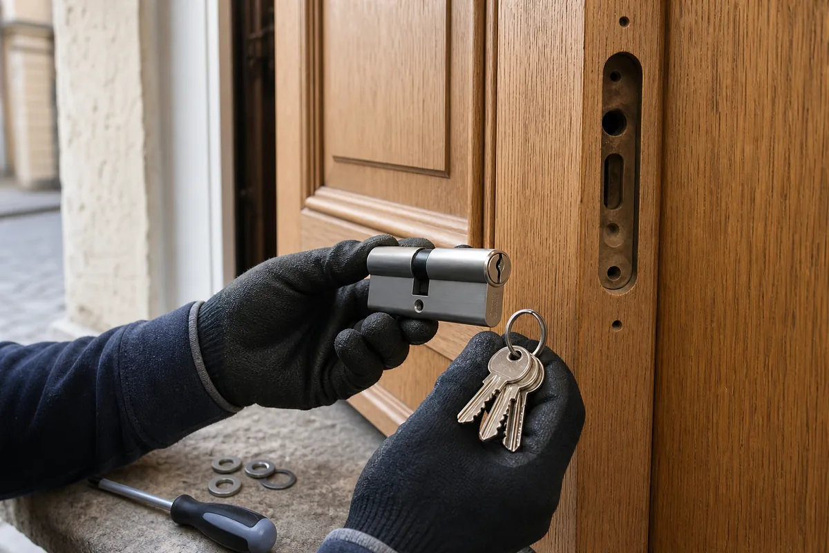 Mains gantées posant un cylindre européen neuf sur une porte d’entrée en chêne au petit matin