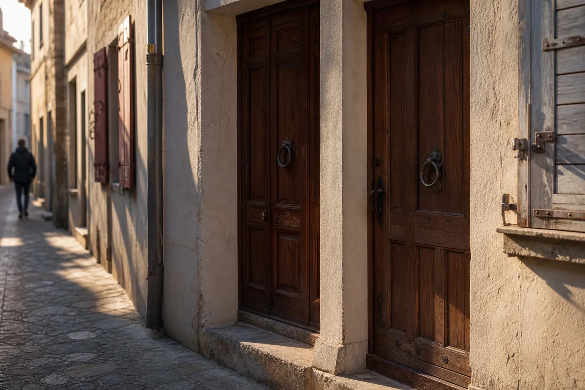 Portes d&rsquo;entrée en chêne dans une rue de centre ancien en fin de journée