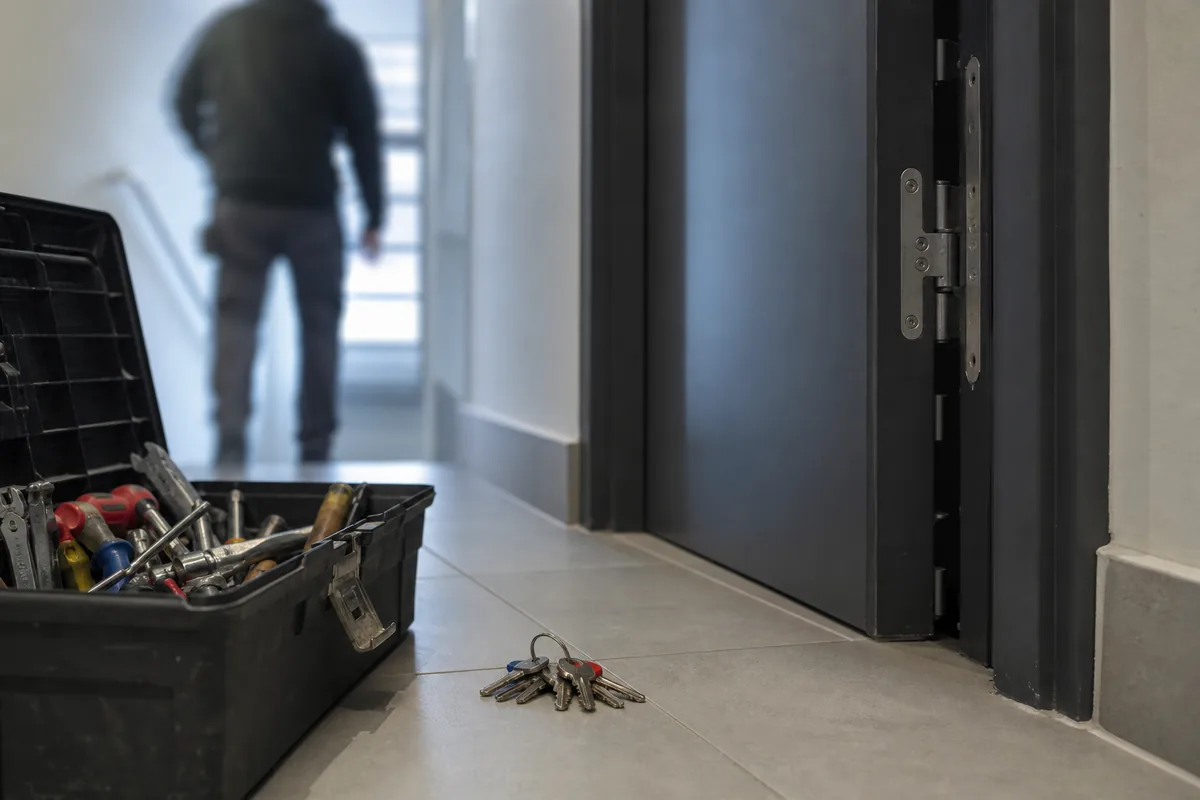 Outillage de serrurier posé sur le palier devant une porte d&rsquo;entrée d&rsquo;appartement