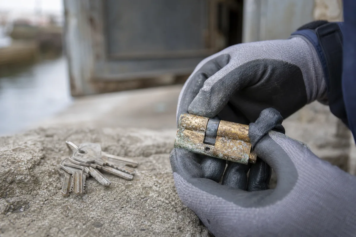 Cylindre européen corrodé sur la porte d&rsquo;une maison de bord de bassin, lumière froide de fin de journée