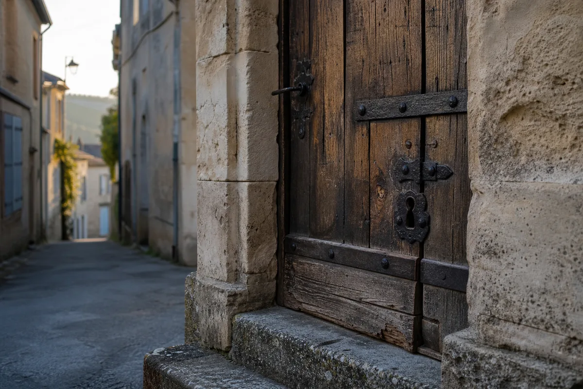 Porte en chêne d&rsquo;une maison de bourg viticole en pierre calcaire du Blayais avec ses ferrures anciennes