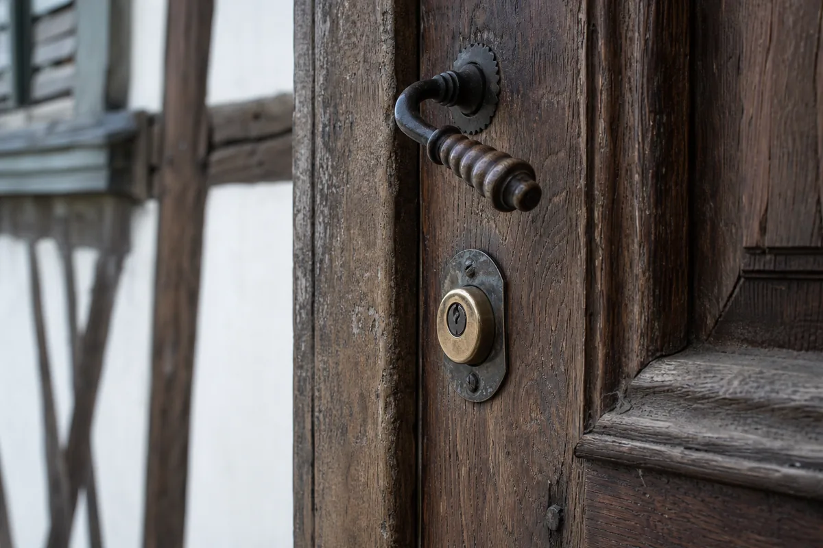 Porte d’entrée en chêne d’une maison ancienne du centre de Chalon-sur-Saône, cylindre européen vu de près