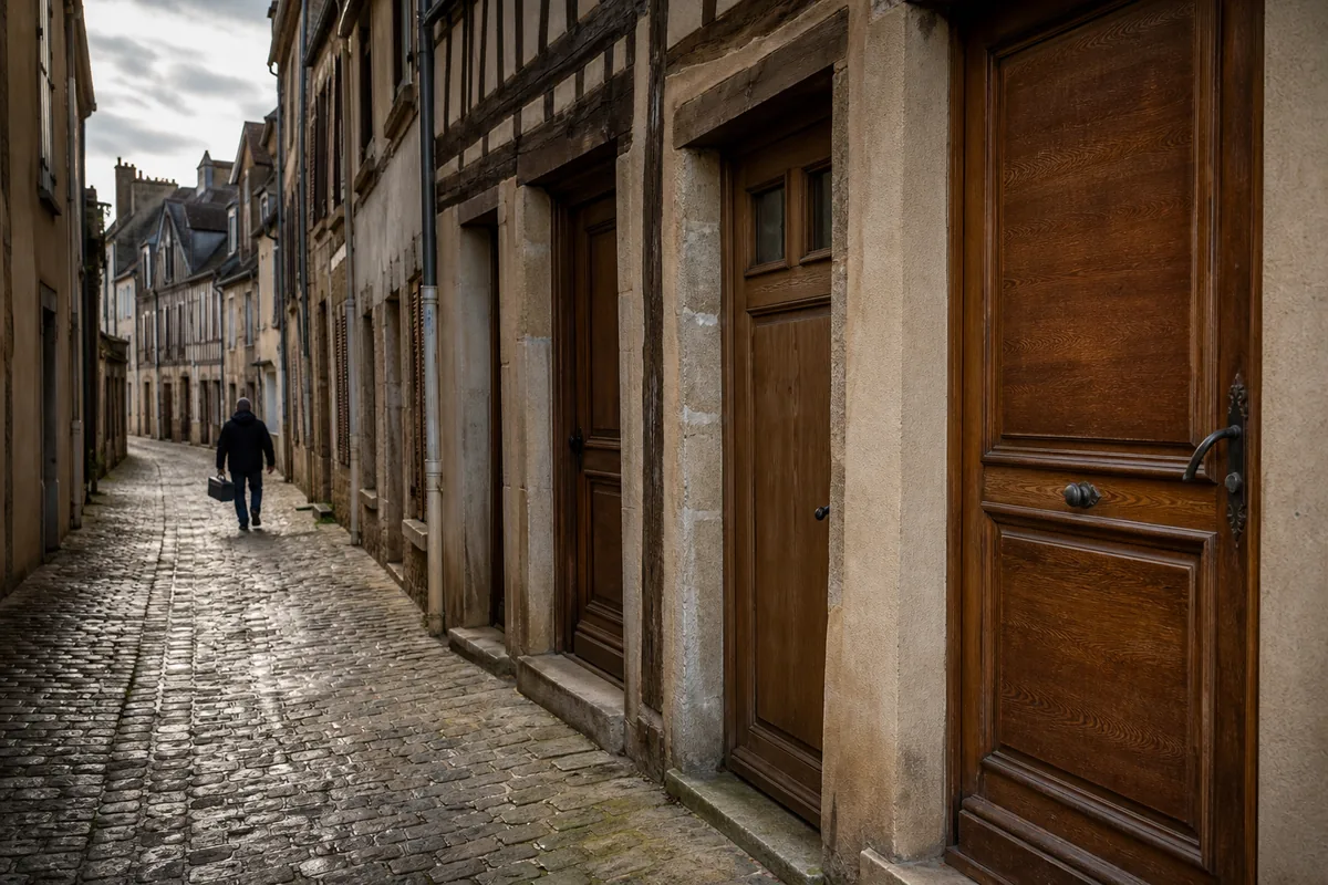 Rue pavée du centre ancien de Chalon-sur-Saône avec façades à pans de bois en fin de journée