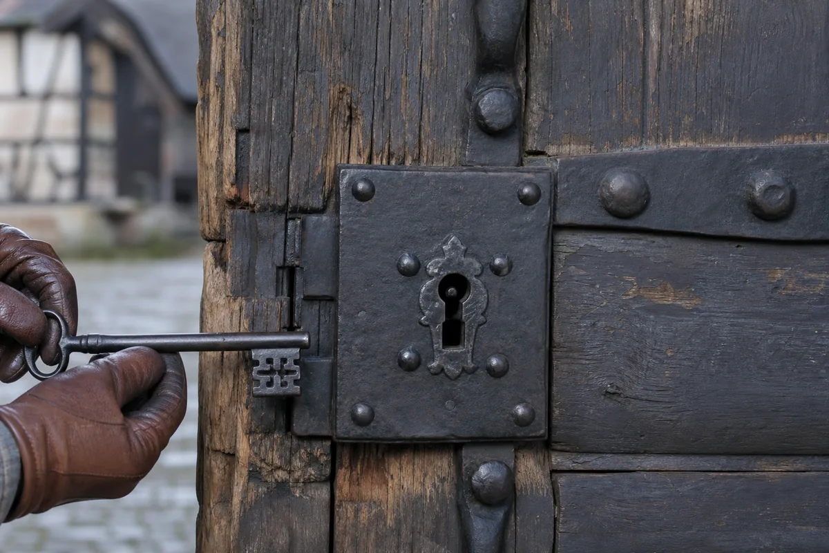 Porte cochère en chêne d’une cour vigneronne alsacienne avec pentures forgées et entrée de clé ancienne