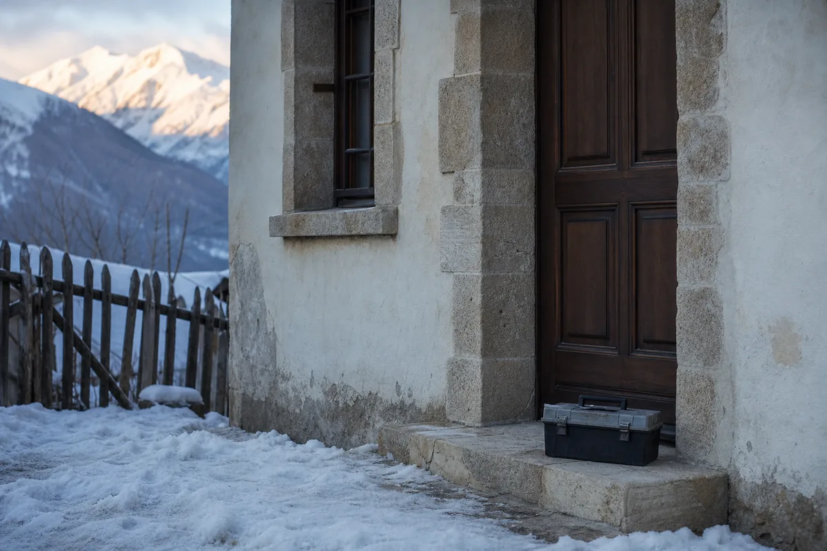 Façade de village de la vallée de l&rsquo;Ubaye en fin de journée, porte d&rsquo;entrée en bois et neige tassée au sol