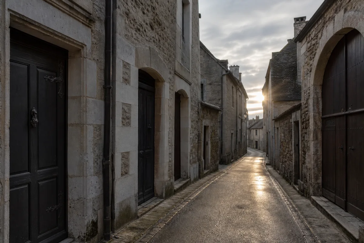Rue de centre ancien en fin de journée, portes d&rsquo;entrée en bois patinées alignées sous une lumière froide