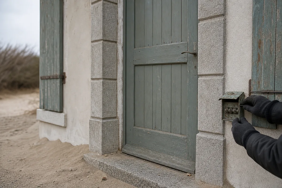Porte d’entrée en bois peint d’une maison de bord de mer aux volets fermés, boîte à clés fixée près du chambranle