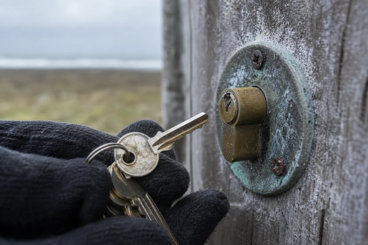 Cylindre européen corrodé par le sel sur une porte exposée plein ouest, mains gantées tenant un trousseau