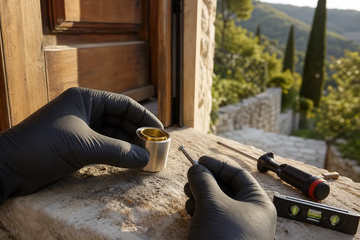 Mains gantées reposant un cylindre européen neuf sur le seuil d&rsquo;une villa des hauteurs