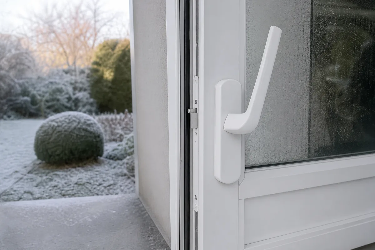 Porte d’entrée en PVC blanc d’un pavillon de la couronne d’Ambérieu-en-Bugey, poignée relevée sur une crémone multipoints