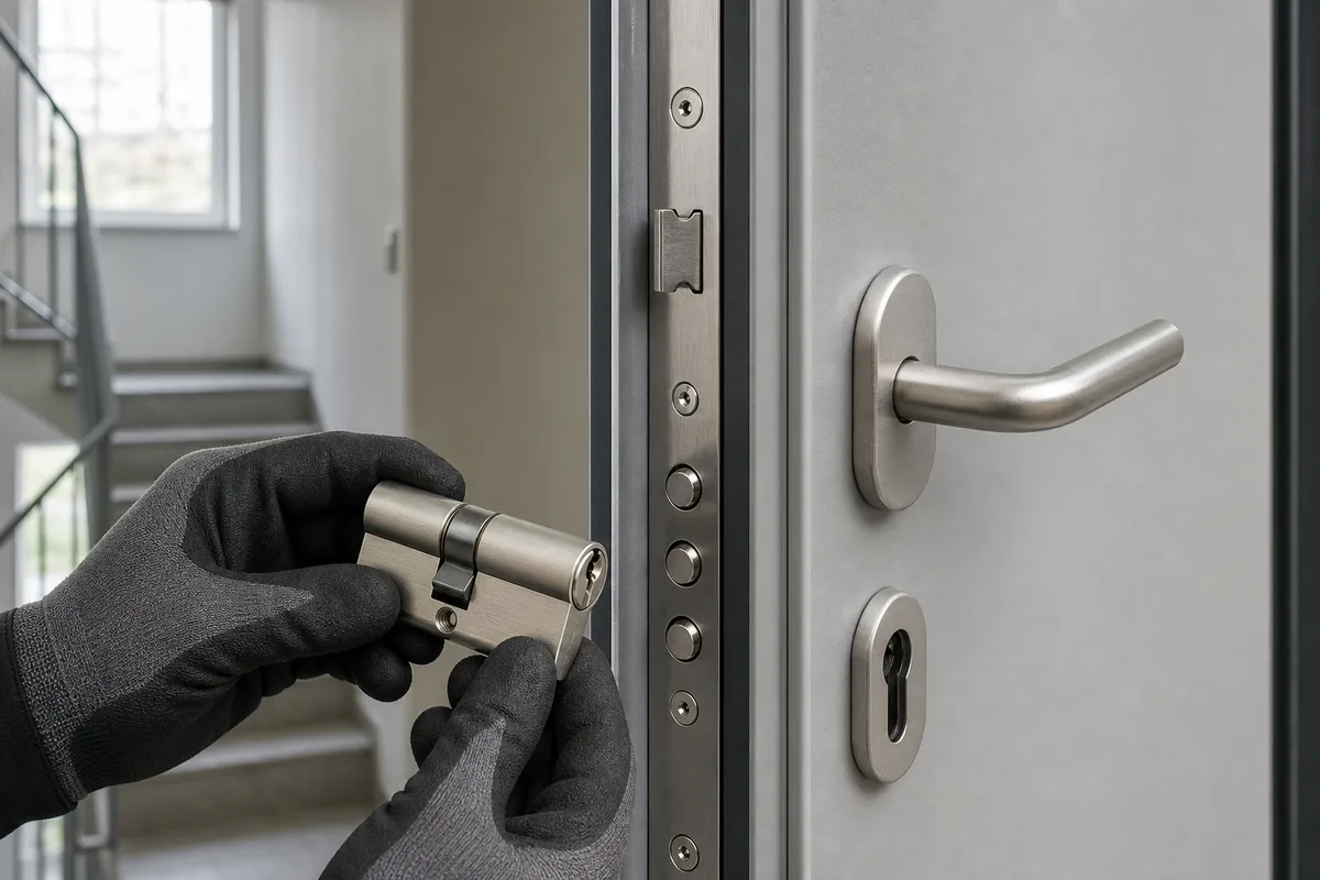 Porte palière d&rsquo;une résidence récente avec sa serrure trois points et son cylindre européen