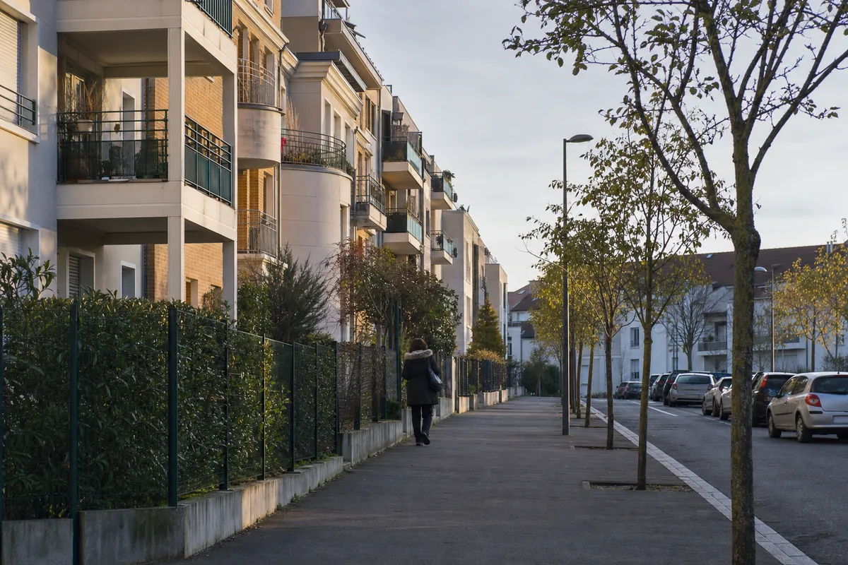Rue résidentielle de Bussy-Saint-Georges en fin de journée, façades de logements collectifs récents