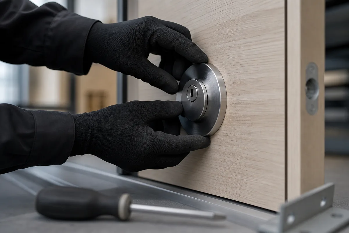 Mains gantées posant un protecteur de cylindre sur une porte palière, outillage sur le seuil