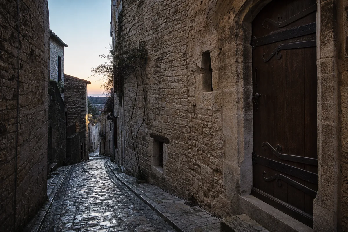 Vieille porte en chêne à pentures forgées dans une ruelle pavée de la ville haute de Laon
