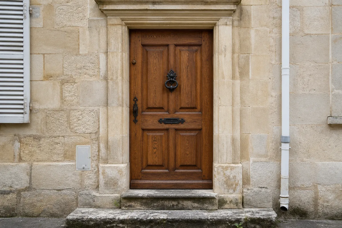 Mains gantées vérifiant un cylindre européen intact sur une porte, outillage posé sur le seuil
