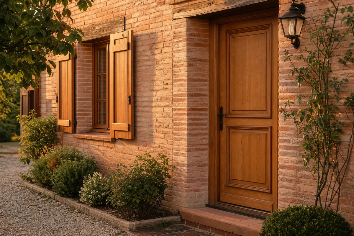 Mains gantées tenant un cylindre européen et un trousseau devant une porte d&rsquo;entrée, outils posés sur le seuil