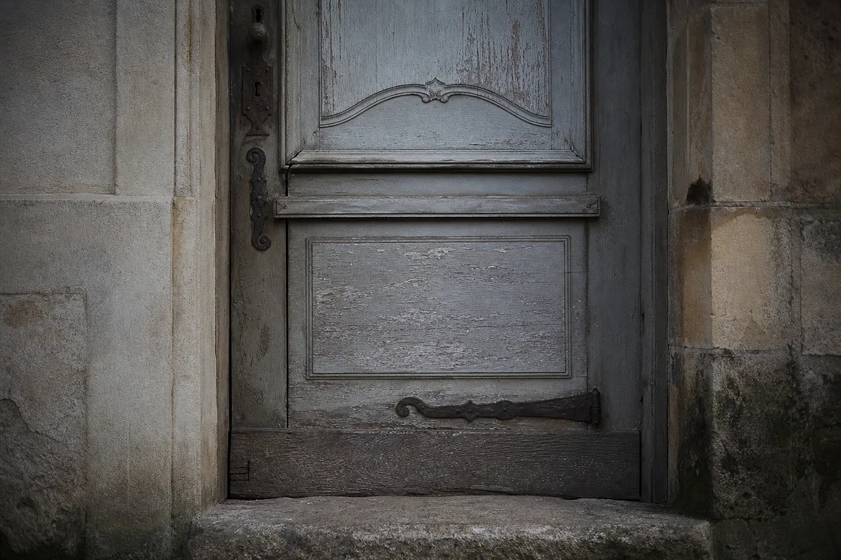 Porte d’entrée en chêne d’une maison ancienne de centre-ville, éclairée par une lumière de fin de journée
