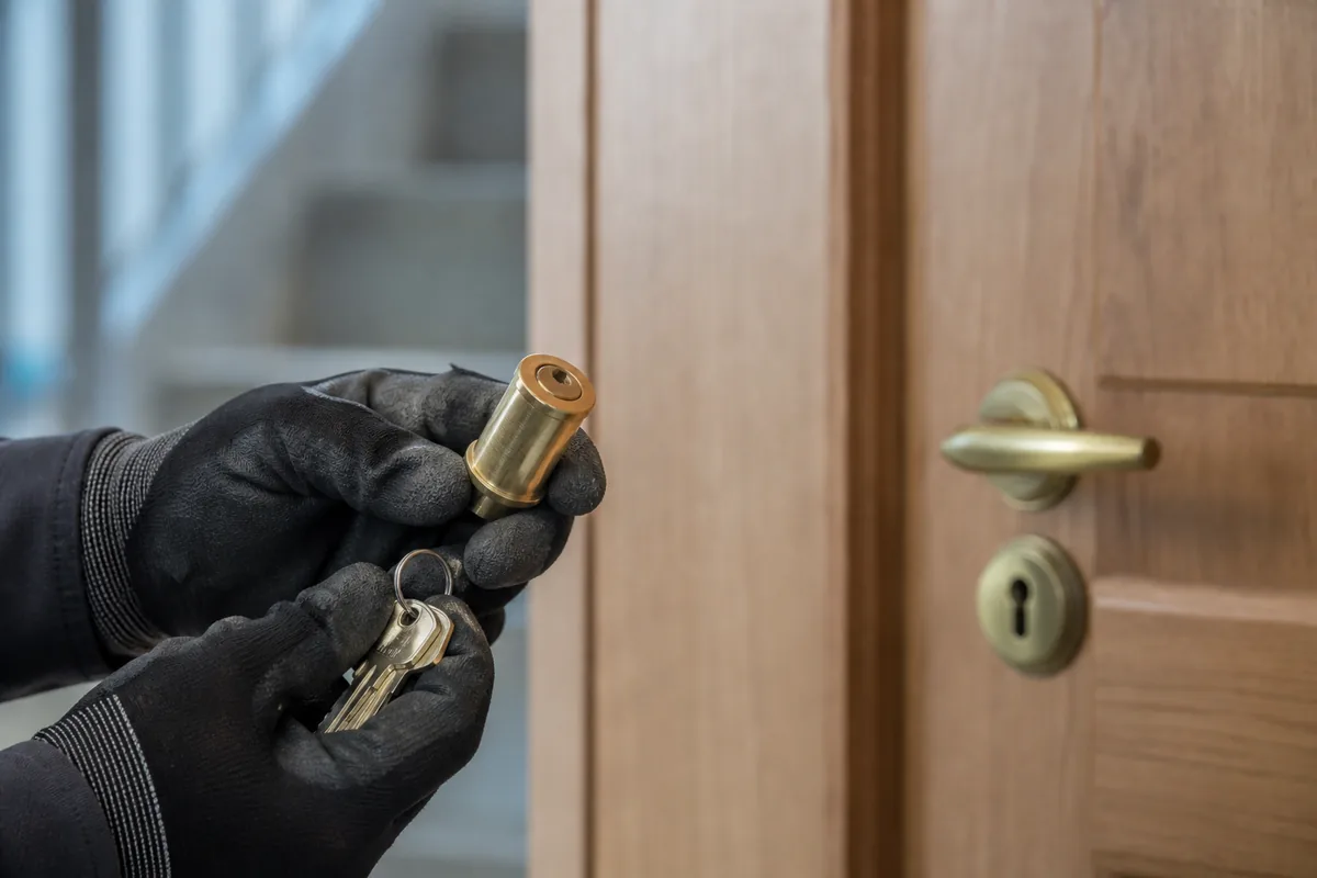 Gros plan de mains gantées manipulant un cylindre européen devant une porte d&rsquo;entrée en chêne